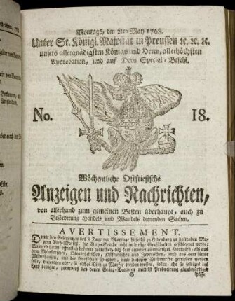 No. 18. Montags, den 2ten May 1768.