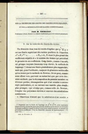 Sur la recherche des limites des racines d´une équation, et sur la determination des racines commensurables.