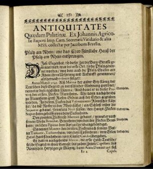 Antiquitates quædam Palatinæ, ex Joh. Agricolæ Viridario & aliis MSS. collectæ per Jacobum Beyrlin.