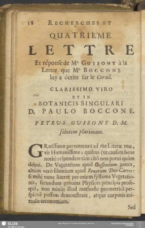 Quatriéme Lettre Et réponse de Mr. Guisony à la Lettre que Mr. Boccone luy a écrite sur le Corail