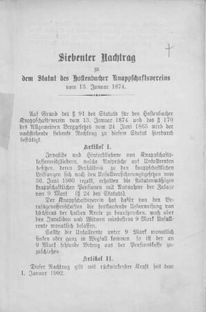 Siebenter Nachtrag zu dem Statut des Hostenbacher Knappschaftsvereins.