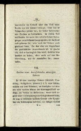 VII. Zeichen einer bevorstehenden unzeitigen Geburt.