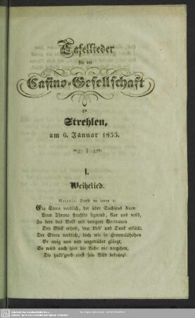 Tafellieder für die Casino-Gesellschaft zu Strehlen am 6. Januar 1855
