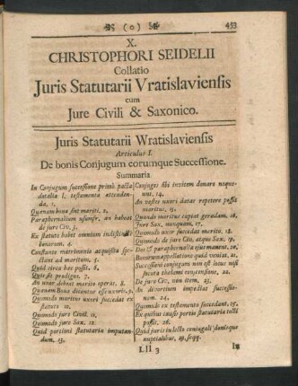 X. Christophri Seidelii Collatio Iuris Statutarii Vratislaviensis cum Iure Civili & Saxonico