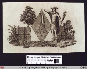 Merkur hält ein Wappen, daneben "E. & C." auf zwei Paketen.
