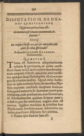 Disputatio IX. De Duabus Quaestionibus;