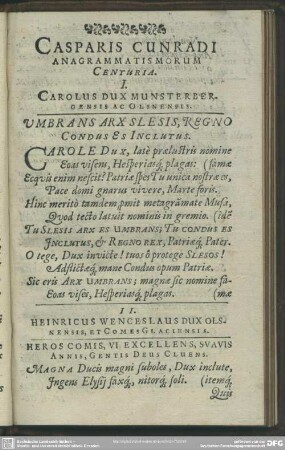 Casparis Cunradi Anagrammatismorum Centuria