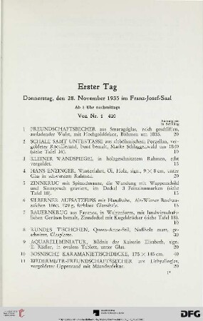 Erster Tag: Donnerstag, den 28. November 1935 im Franz-Josef-Saal, ab 3 Uhr nachmittags (Nr. 1-420)