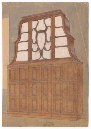 Entwurf eines Schranks : Vitrinenschrank in Vorderansicht mit sechs kassettierten Türen im Unterbau, Aufsatz mit Glaseinsätzen; handschriftliche Anmerkung