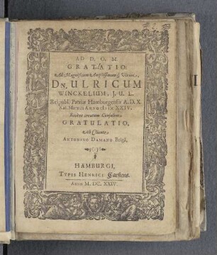 Ad Magnificum Amplissimum á Virum, Dn. Ulricum Winckelium, J. U. L. (...)