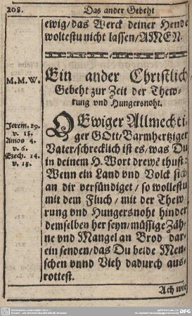 Ein ander Christlich Gebeth zur Zeit der Thewerung und Hungersnoth.