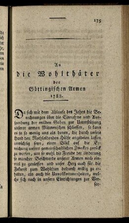 An die Wohlthäter der Göttingischen Armen. 1788.