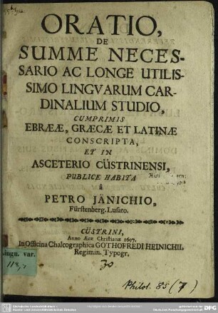 Oratio de summe necessario ac utilissimo studio linguarum cardinalium