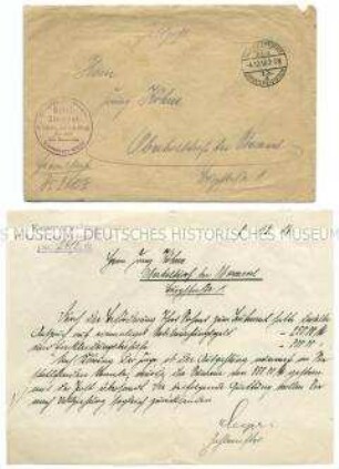 Schreiben zur Übersendung des Mobilmachungsgeldes und der Einkleidungshilfe an die Familie von Franz Köhne (mit Kuvert) - Personenkonvolut