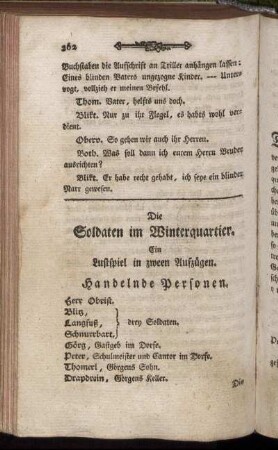 Die Soldaten im Winterquartier. Ein Lustspiel in zween Aufzügen
