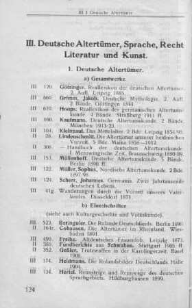III. Deutsche Altertümer, Recht, Bibliographie, Kunst und Literatur.