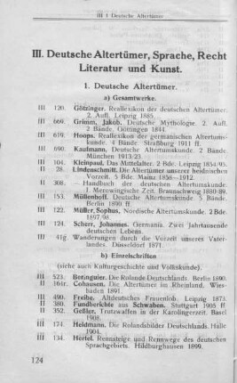 III. Deutsche Altertümer, Recht, Bibliographie, Kunst und Literatur.