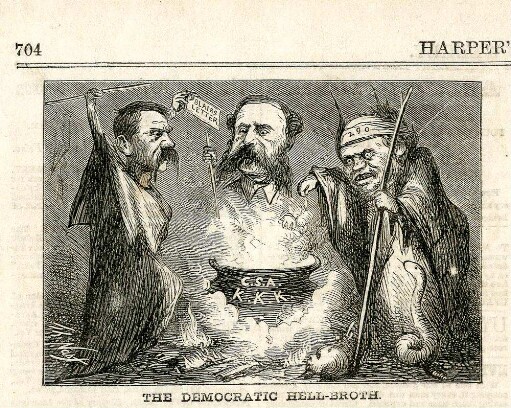 The Democratic hell-broth. [Darunter folgt ein Textblock mit einem Gedicht] : Blair, Hampton und Seymour stehen, als Zauberer verkleidet, um einen Kessel