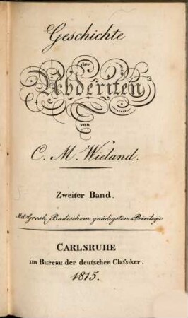 C. M. Wielands sämmtliche Werke. 20. - Theil 2. - 1815. - VIII, 232 S.