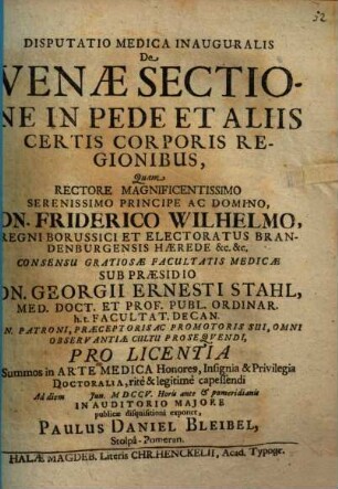 Disputatio medica inauguralis de venae sectione in pede et aliis certis corporis regionibus