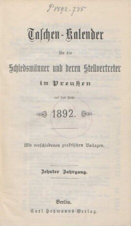 10.1892: Taschen-Kalender für die Schiedsmänner und deren Stellvertreter in Preußen