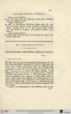 Al chiarissimo Signore Guglielmo Antonio della Valle
