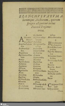 Elenchus Vatum Aliorumque Authorum, quorum scripta allegantur in hac Poetica Prosometrica