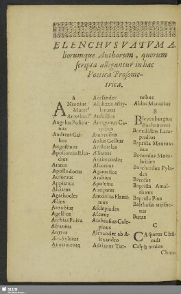 Elenchus Vatum Aliorumque Authorum, quorum scripta allegantur in hac Poetica Prosometrica