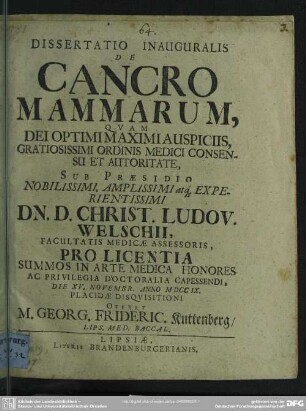 Dissertatio Inauguralis De Cancro Mammarum