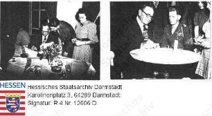 Bad Nauheim, Continental Red Cross Club / Wallace Berry an Tisch sitzend, Autogramme gebend, 2 Szenenfotos