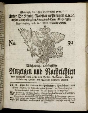 No. 39. Montags, den 23sten September 1771.