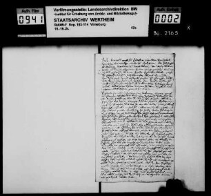 Ausstattung des Grafen Eucharius Casimir zu Löwenstein-Wertheim-Virneburg mit 1000 fl aus Renten und Gefällen der Grafschaft Virneburg für seinen Kriegsdienst (Abschrift).