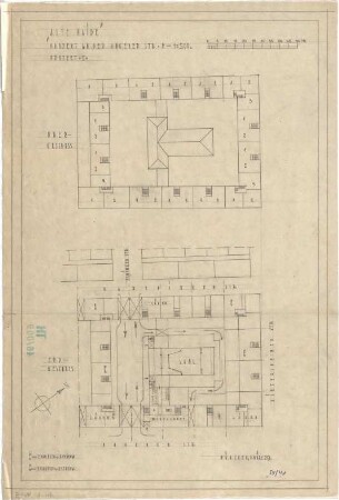 Fischer, Theodor; München, Alte Heide; Wohnanlage "Alte Heide" - Grundriss OG m. Ansicht, Grundriss EG