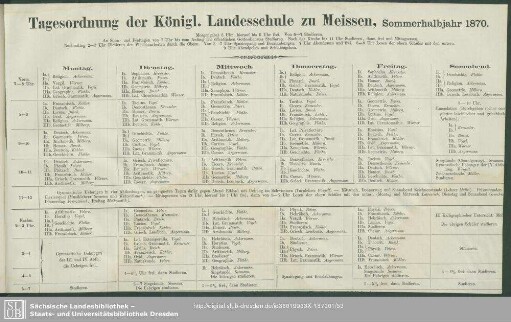 Tagesordnung der Königlichen Landesschule zu Meissen, Sommerhalbjahr 1870