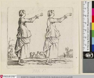 [Zwei Darstellungen einer Bäuerin mit erhobenem rechten Arm im Profil nach rechts nebeneinander, ausgeführt und als Strichzeichnung; Deux figures...]