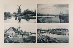 "Windmühle in Leck", "Windmühle in Maasbüll (Am Deich)", "Flensburger Hafen (Morgenstimmung)" und "Fährstrasse in Deetzbüll (Nordfriesische Marsch)" aus der Mappe "Malerische Bilder"