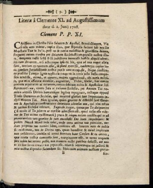 Literae a Clemente XI. ad Augustissimum datae d. 2. Iunii 1708. Clemens P. P. XI.