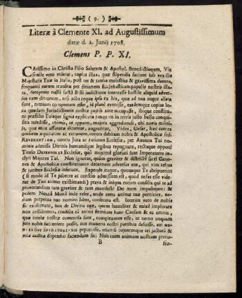 Literae a Clemente XI. ad Augustissimum datae d. 2. Iunii 1708. Clemens P. P. XI.