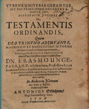 Disputatio iuridica De Testamentis Ordinandis