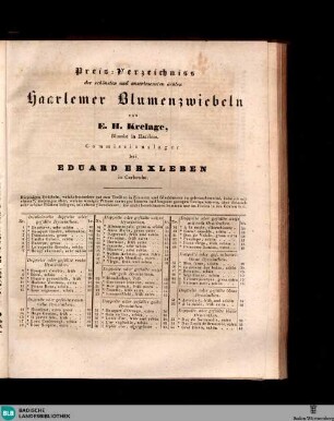 Karlsruher Zeitung, Preis-Verzeichniss der schönsten und auserlesensten ächten Haarlemer Blumenzwiebeln