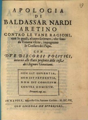 Apologia contro le vane ragioni con le quali alcune scritture impugnano le censure del Papa