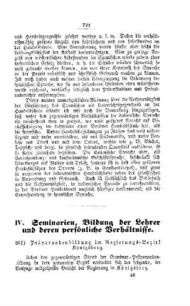 Präparandenbildung im Regierungs-Bezirk Königsberg : [IV. Seminarien, Bildung der Lehrer und deren persönliche Verhältnisse]