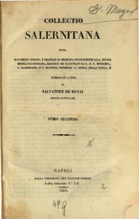 Collectio Salernitana : ossia documenti inediti, e trattati di medicina appartenenti alla scuola medica salernitana. 2