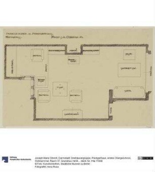 Darmstadt, Dreihäusergruppe, Predigerhaus, erstes Obergeschoss, Wohnzimmer, Raum 37, Grundriss mit Möblierungsplan