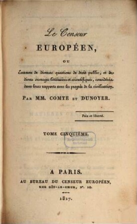 Le censeur européen, ou examen de diverses questions de droit public, et de divers ouvrages littéraires et scientifiques, considérés dans leurs rapports avec les progrès de la civilisation, 5