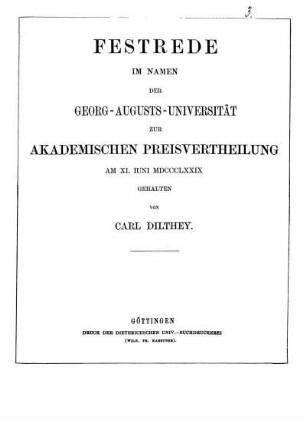 Festrede im Namen der Georg-Augusts-Universität zur akademischen Preisvertheilung am XI. Iuni MDCCCLXXIX