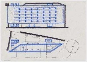Gutachten Appartmenthaus Lietzenburger Straße (nicht realisiert) – Grundriss, Ansicht. Berlin-Charlottenburg, Lietzenburger Straße 65