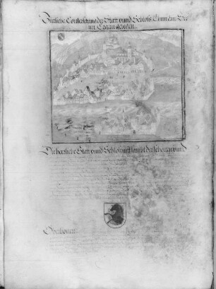 ... Statt und Schloß bei Thun am See. Illustration und Textseite aus: Hanns Jacob Fugger, Ehren-Spiegel des Hauses Oesterreich..., 1555. Dresden. SLUB L.2