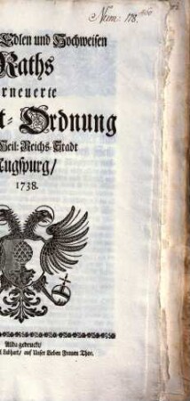 Eines Hoch-Edlen und Hochweisen Raths Erneuerte Marckt-Ordnung In deß Heil. Reichs-Stadt Augspurg, 1738
