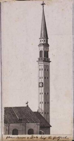 'Glockenturm von Dolo'; lavierte Sepiazeichnung
